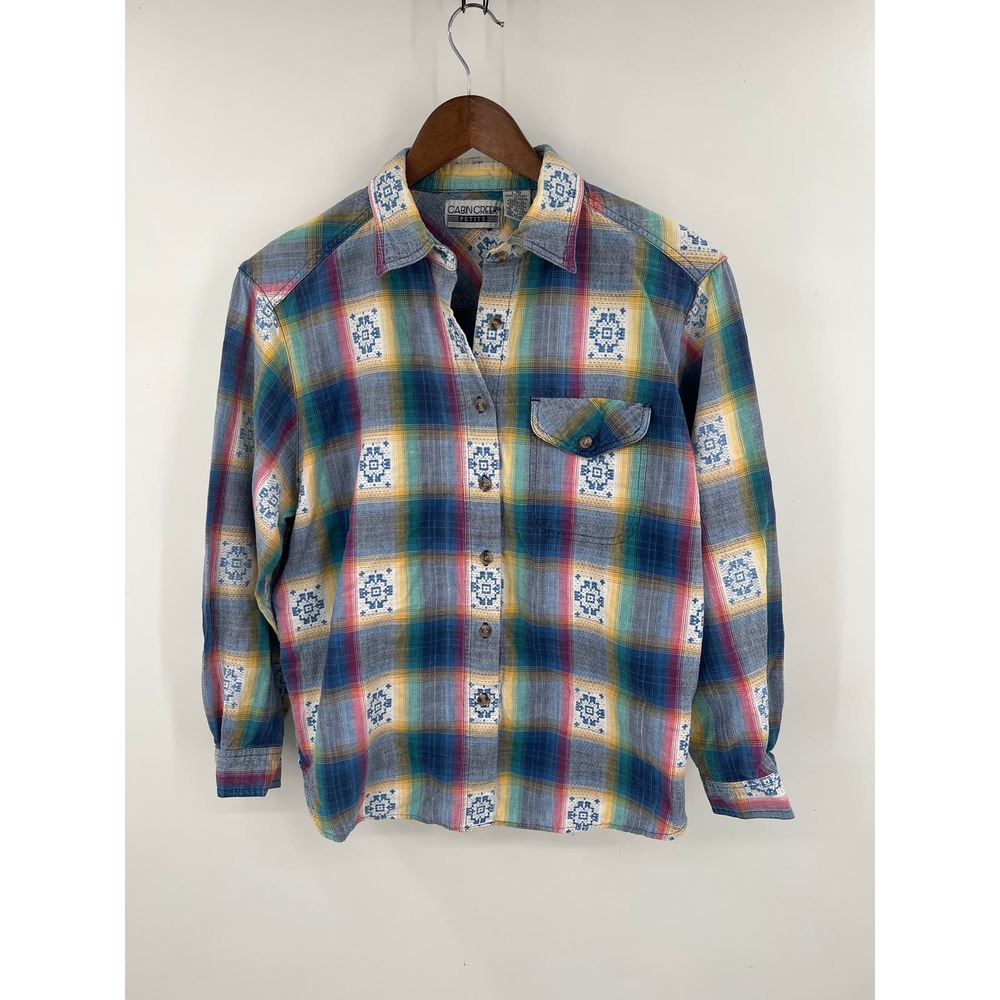 Vintage Cabin Creek petites pastel aztec 3/4 sleeve button front shirt size L